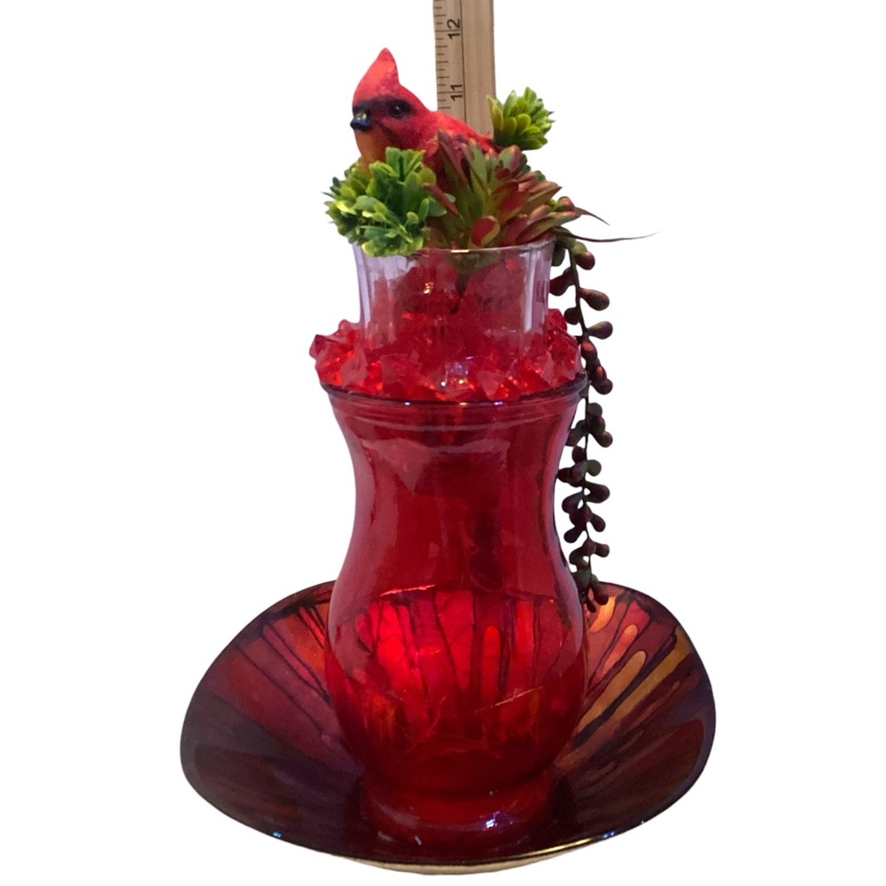 Red Glass Lighted Cardinal Centerpiece Vase Plate Set LED Fairy Lights - Picture 5 of 7